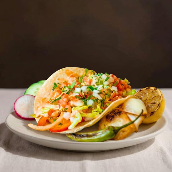 Two tacos filled with fresh salsa, lettuce, and tomatoes, served with grilled lemon and chili.
