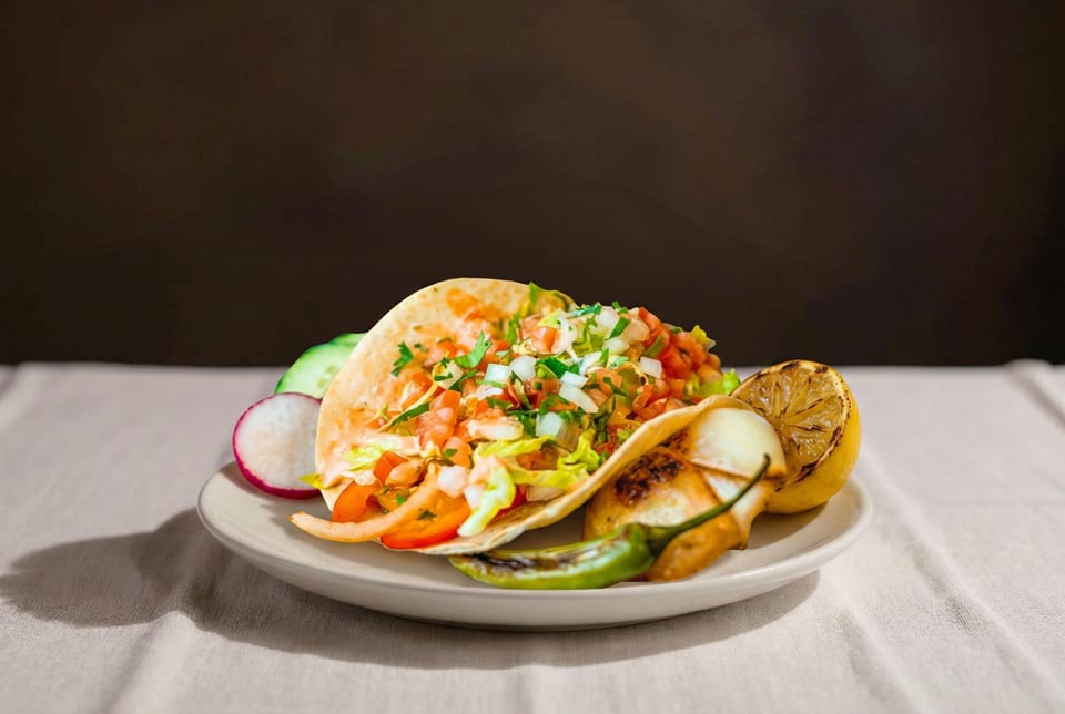 Two tacos filled with fresh salsa, lettuce, and tomatoes, served with grilled lemon and chili.