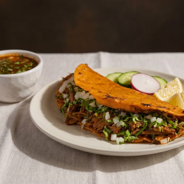 Birria taco with cilantro and onions, a side of consommé, and garnishes on a white plate.