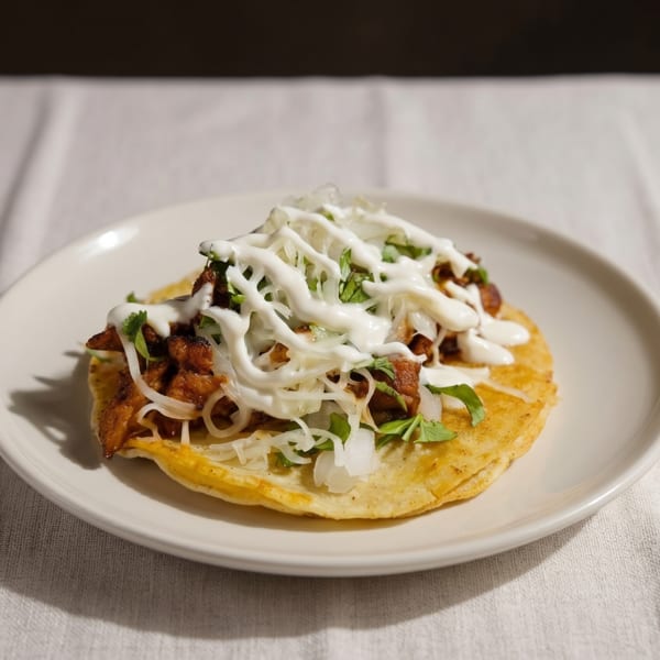 A single taco on a white plate, topped with meat, onions, cilantro, and white sauce.