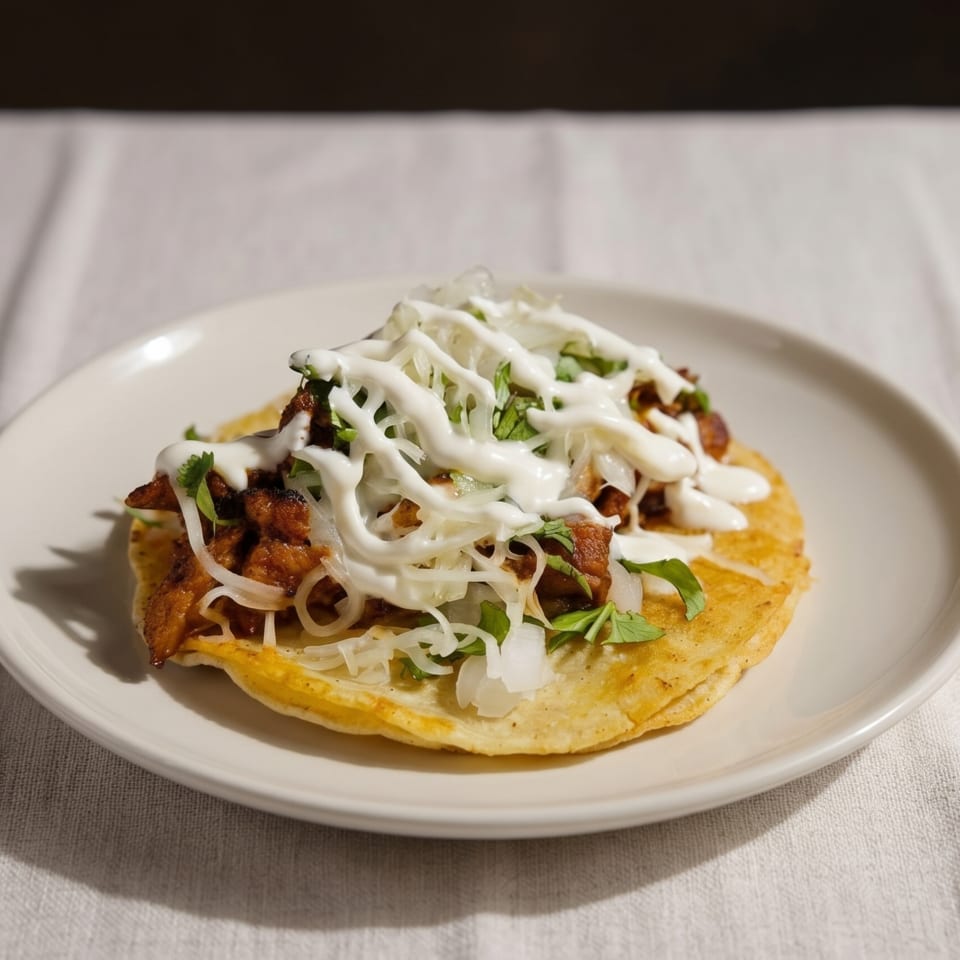 A single taco on a white plate, topped with meat, onions, cilantro, and white sauce.