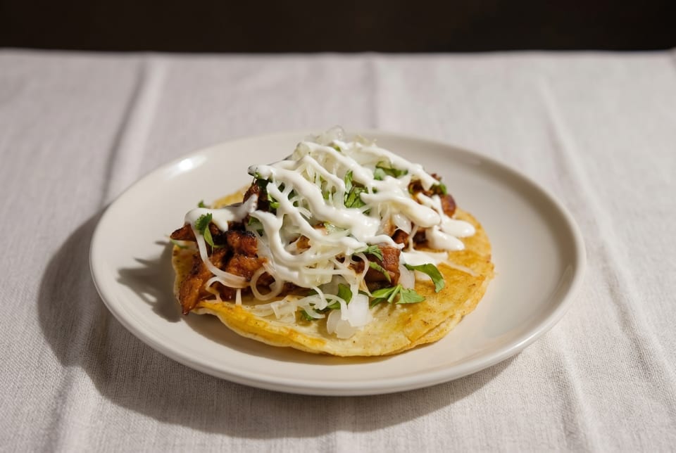 A single taco on a white plate, topped with meat, onions, cilantro, and white sauce.