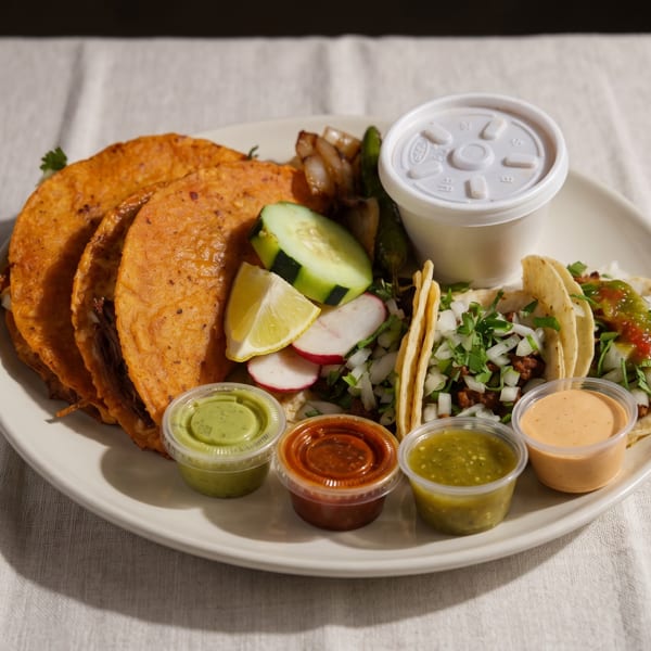 A plate of birria tacos, regular tacos, a drink, and various sauces on a white tablecloth.