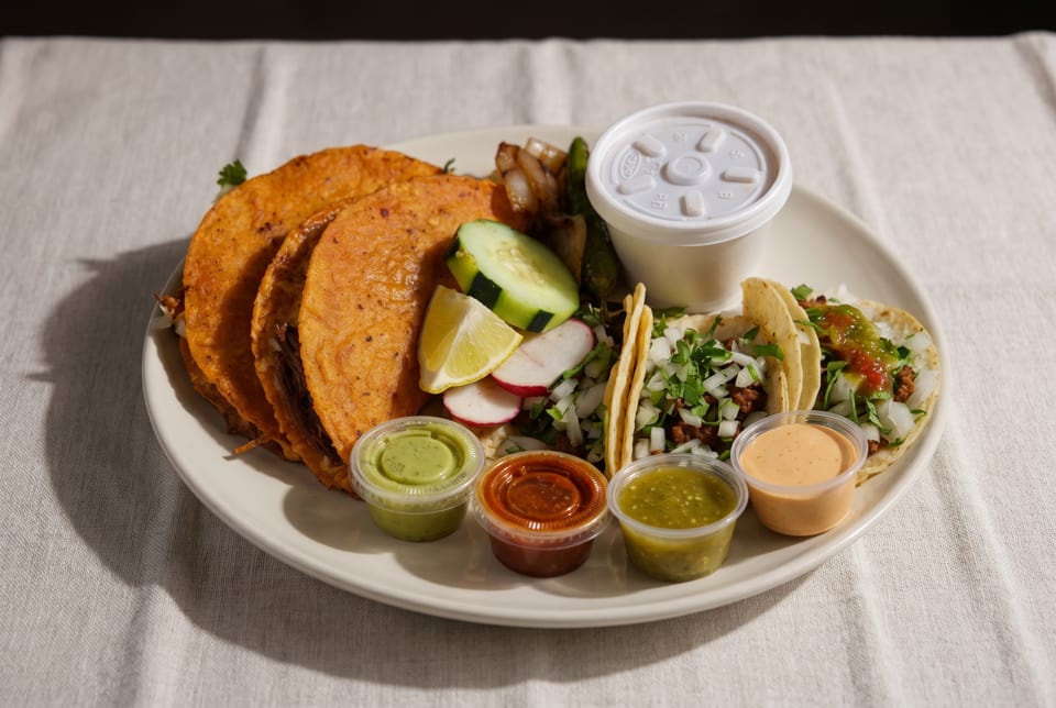 A plate of birria tacos, regular tacos, a drink, and various sauces on a white tablecloth.